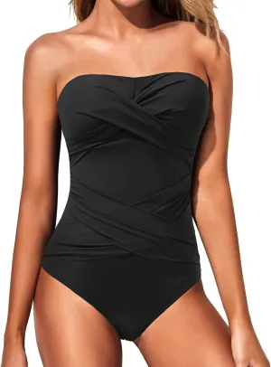 Holipick Women Strapless One Piece Swimsuits Tummy Control Bandeau Bathing Suits Retro Slimming Swimwear