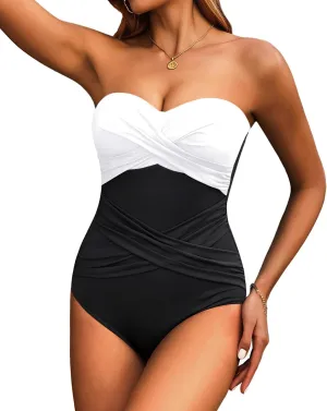 Holipick Women Strapless One Piece Swimsuits Tummy Control Bandeau Bathing Suits Retro Slimming Swimwear