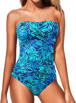 Holipick Women Strapless One Piece Swimsuits Tummy Control Bandeau Bathing Suits Retro Slimming Swimwear