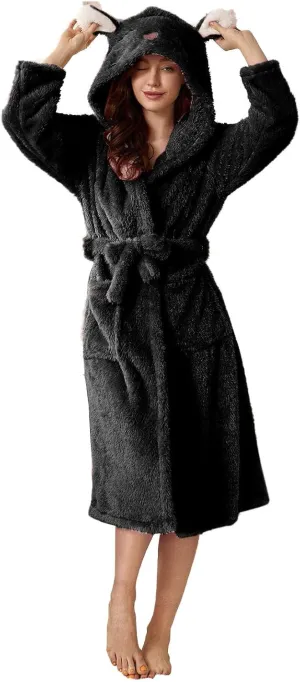 Hooded Fleece Plush Long Robe for Women Cozy Warm Terry Cloth Bathrobe Shower Knee Length House Robe with Pockets
