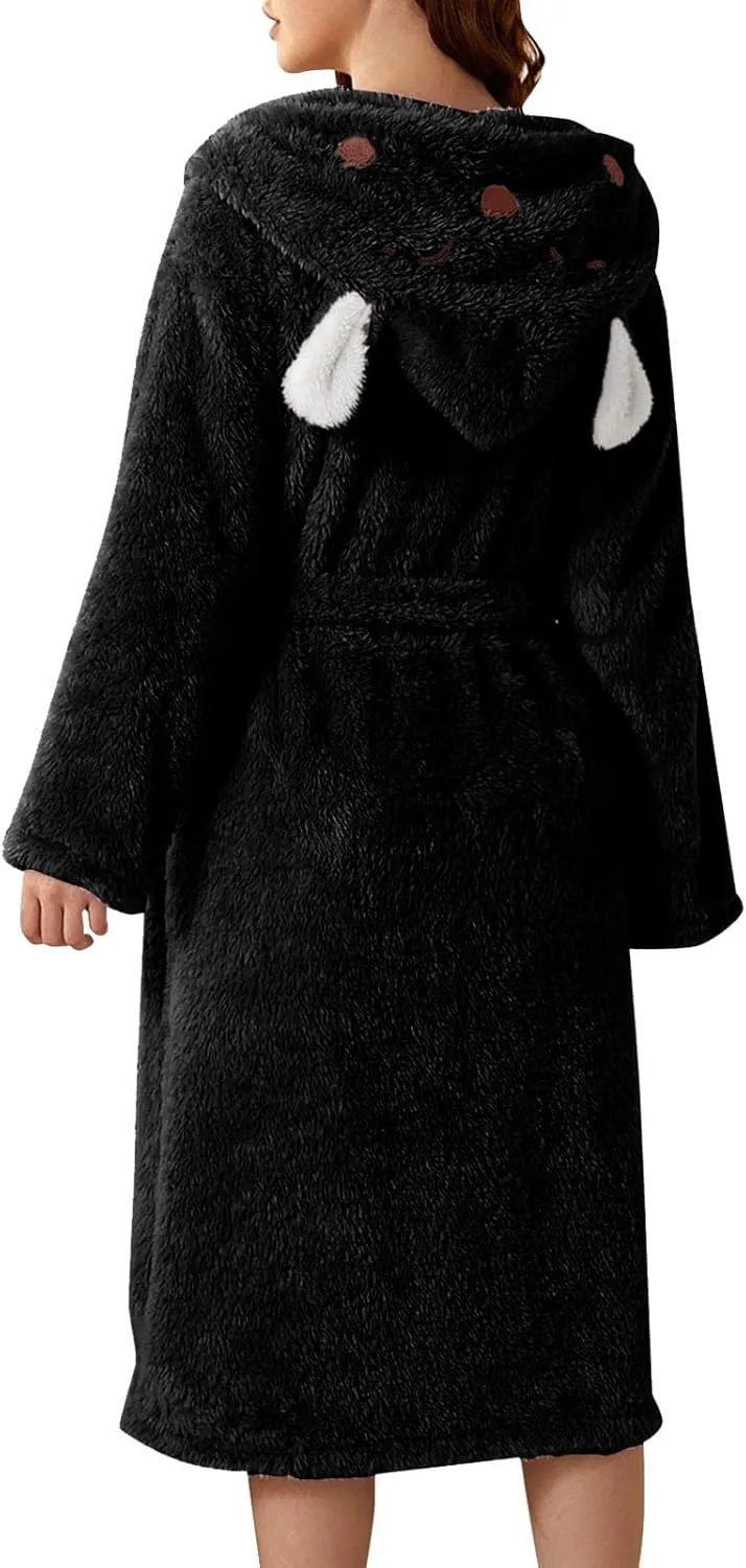 Hooded Fleece Plush Long Robe for Women Cozy Warm Terry Cloth Bathrobe Shower Knee Length House Robe with Pockets
