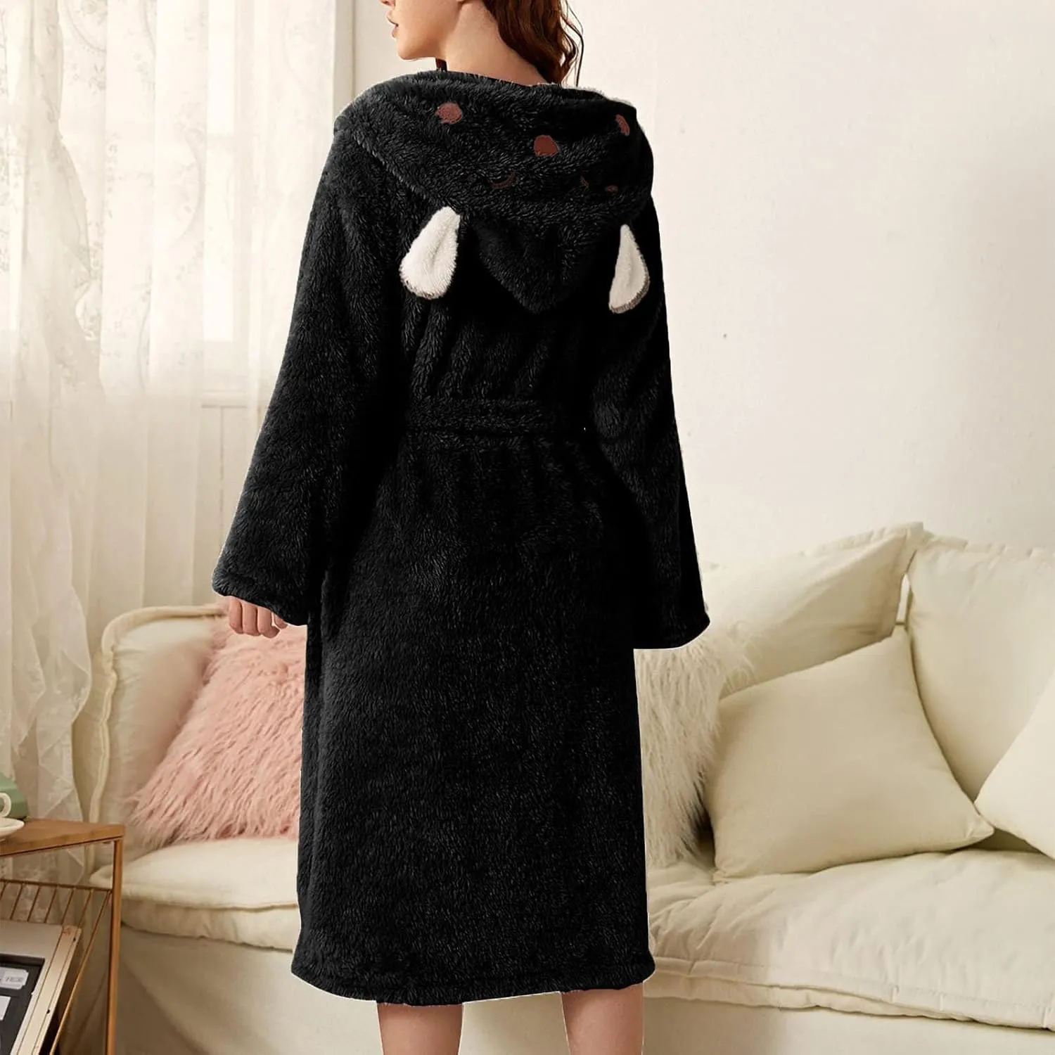 Hooded Fleece Plush Long Robe for Women Cozy Warm Terry Cloth Bathrobe Shower Knee Length House Robe with Pockets