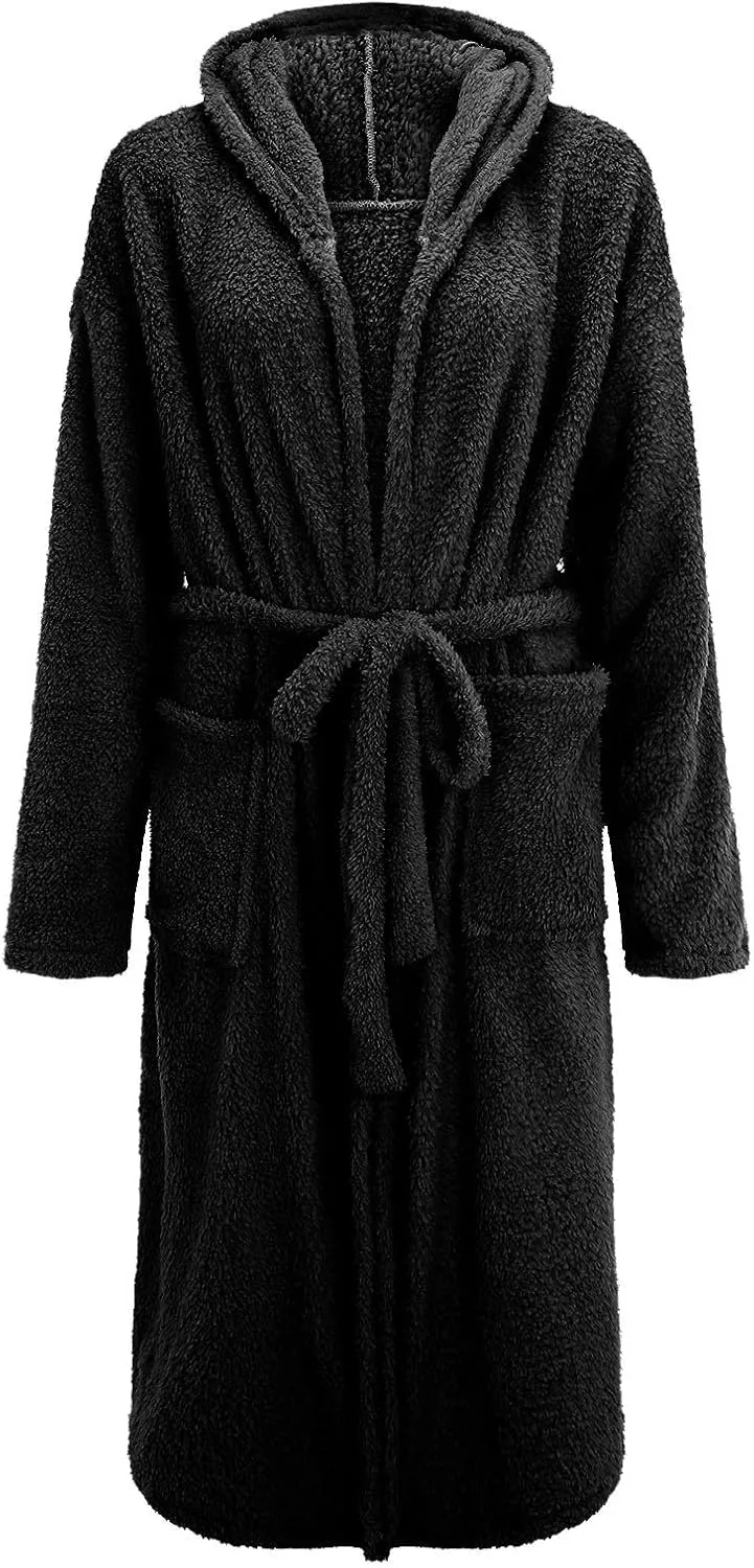 Hooded Fleece Plush Long Robe for Women Cozy Warm Terry Cloth Bathrobe Shower Knee Length House Robe with Pockets