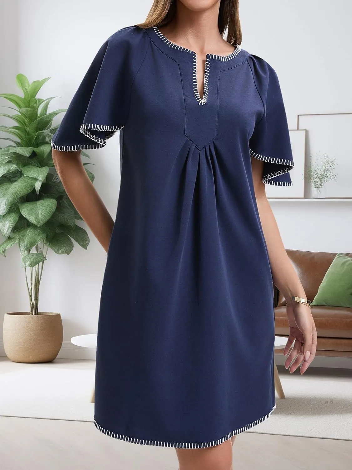 HOULENGS Women's Summer Ruffle Short Sleeve A Line Mini Dress Casual Contrast Trim V Neck Short Dress with Pockets