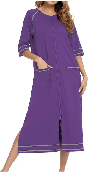 House Dresses for Womens Robe Long Zip Up House Coat 3/4 Sleeve Night Gowns Comfy Sleepwear Loungewear with Pockets