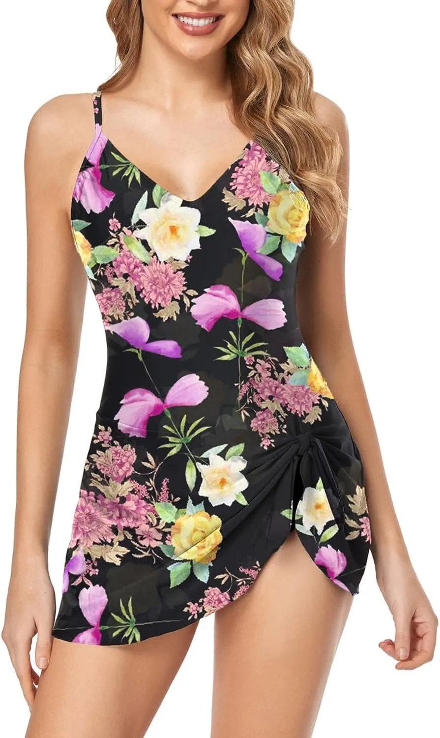 Husmeu Women's One Piece Swimdress Swimsuits for Women Tummy Control Swimwear Dress Slimming Plus Size Bathing Suits