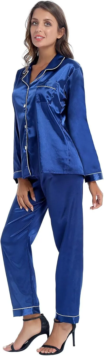 iiniim Women Satin Pajama Set Long Sleeve Sleep Shirt and Pajama Pants Pj Set Loungewear Sleepwear