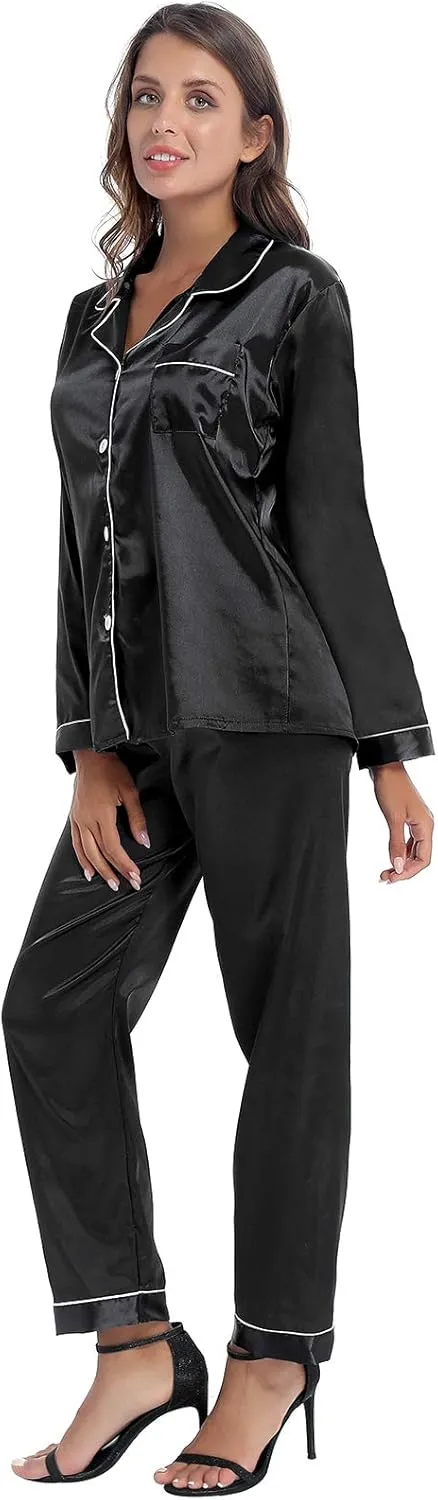 iiniim Women Satin Pajama Set Long Sleeve Sleep Shirt and Pajama Pants Pj Set Loungewear Sleepwear