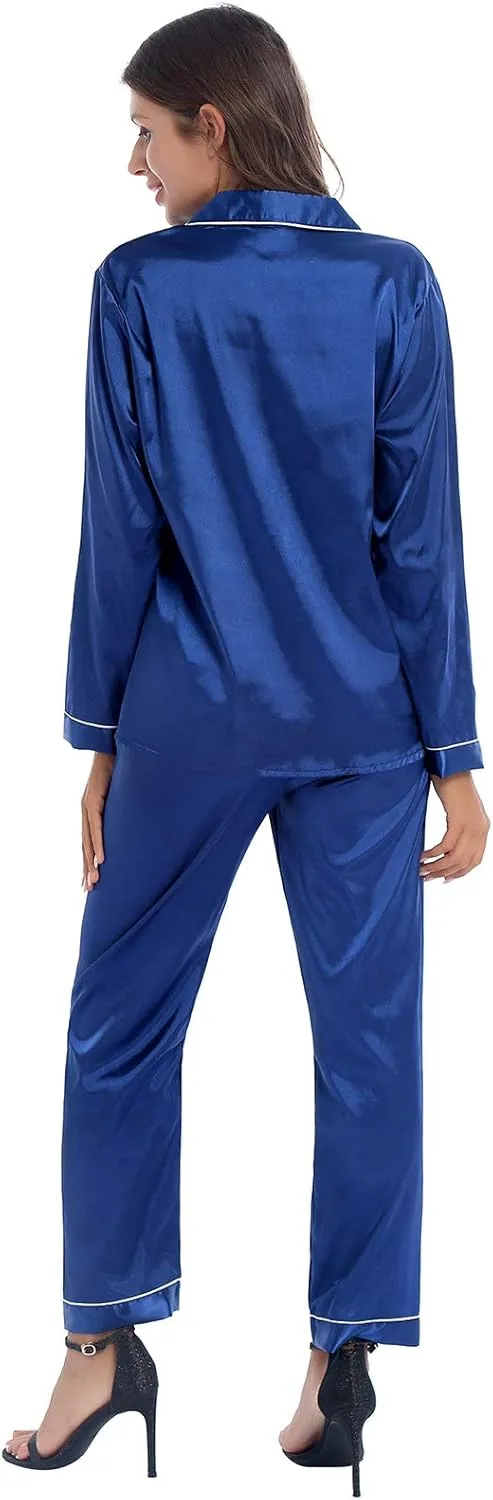 iiniim Women Satin Pajama Set Long Sleeve Sleep Shirt and Pajama Pants Pj Set Loungewear Sleepwear