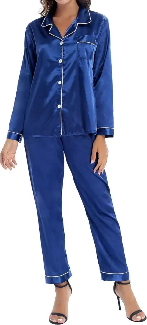 iiniim Women Satin Pajama Set Long Sleeve Sleep Shirt and Pajama Pants Pj Set Loungewear Sleepwear