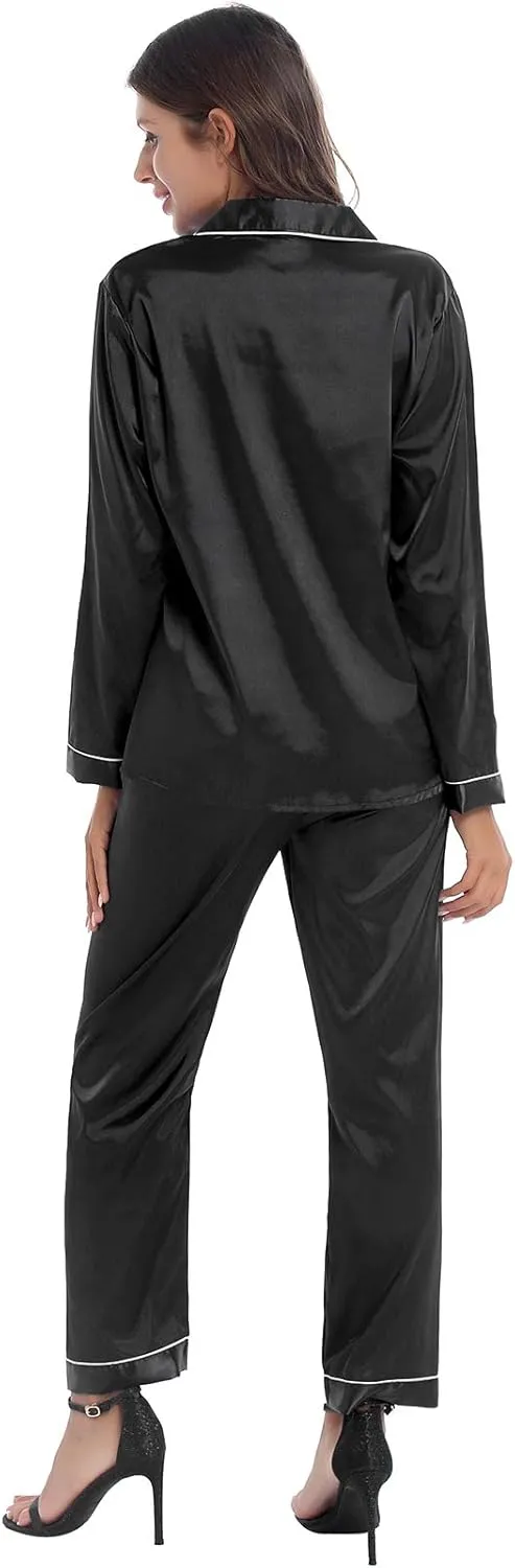iiniim Women Satin Pajama Set Long Sleeve Sleep Shirt and Pajama Pants Pj Set Loungewear Sleepwear