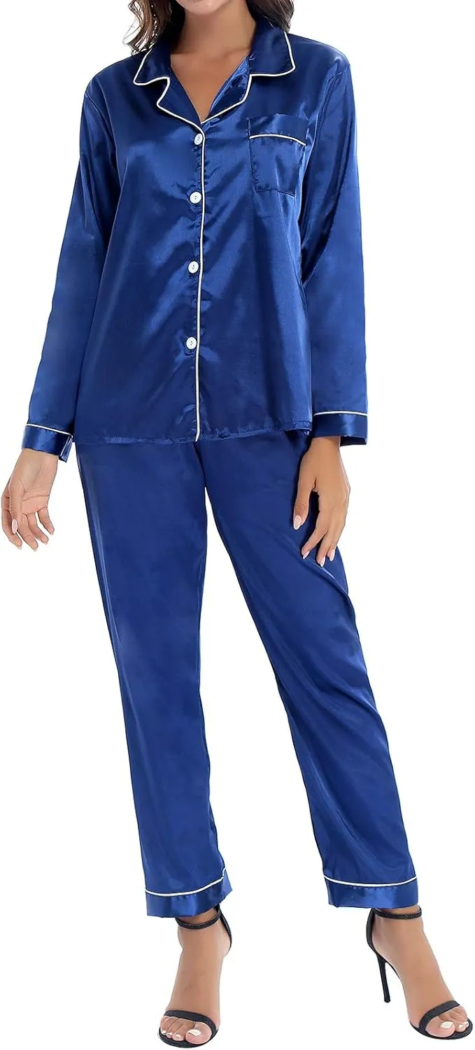 iiniim Women Satin Pajama Set Long Sleeve Sleep Shirt and Pajama Pants Pj Set Loungewear Sleepwear