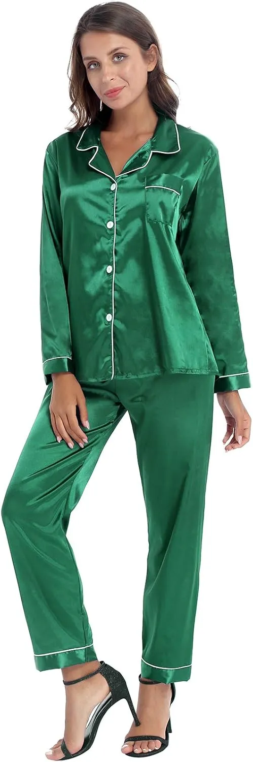 iiniim Women Satin Pajama Set Long Sleeve Sleep Shirt and Pajama Pants Pj Set Loungewear Sleepwear