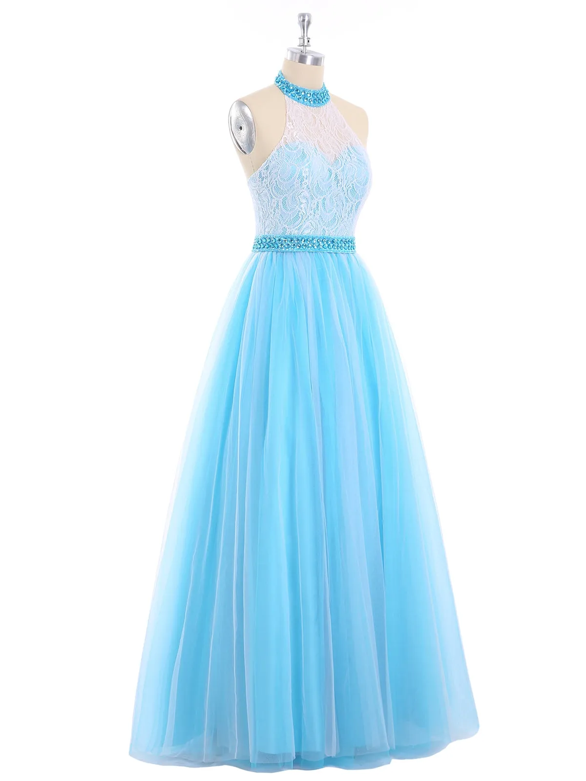 Illusion High Neck Lace and Tulle Dress-Red