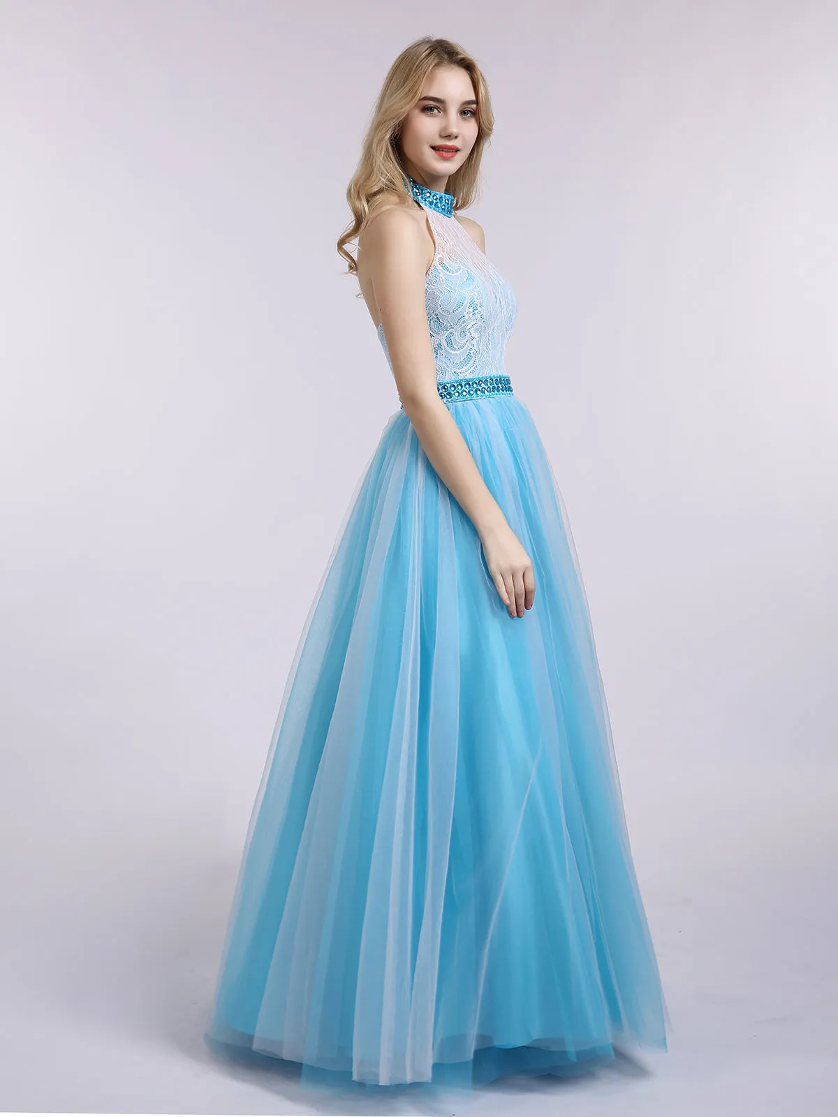 Illusion High Neck Lace and Tulle Dress-Red