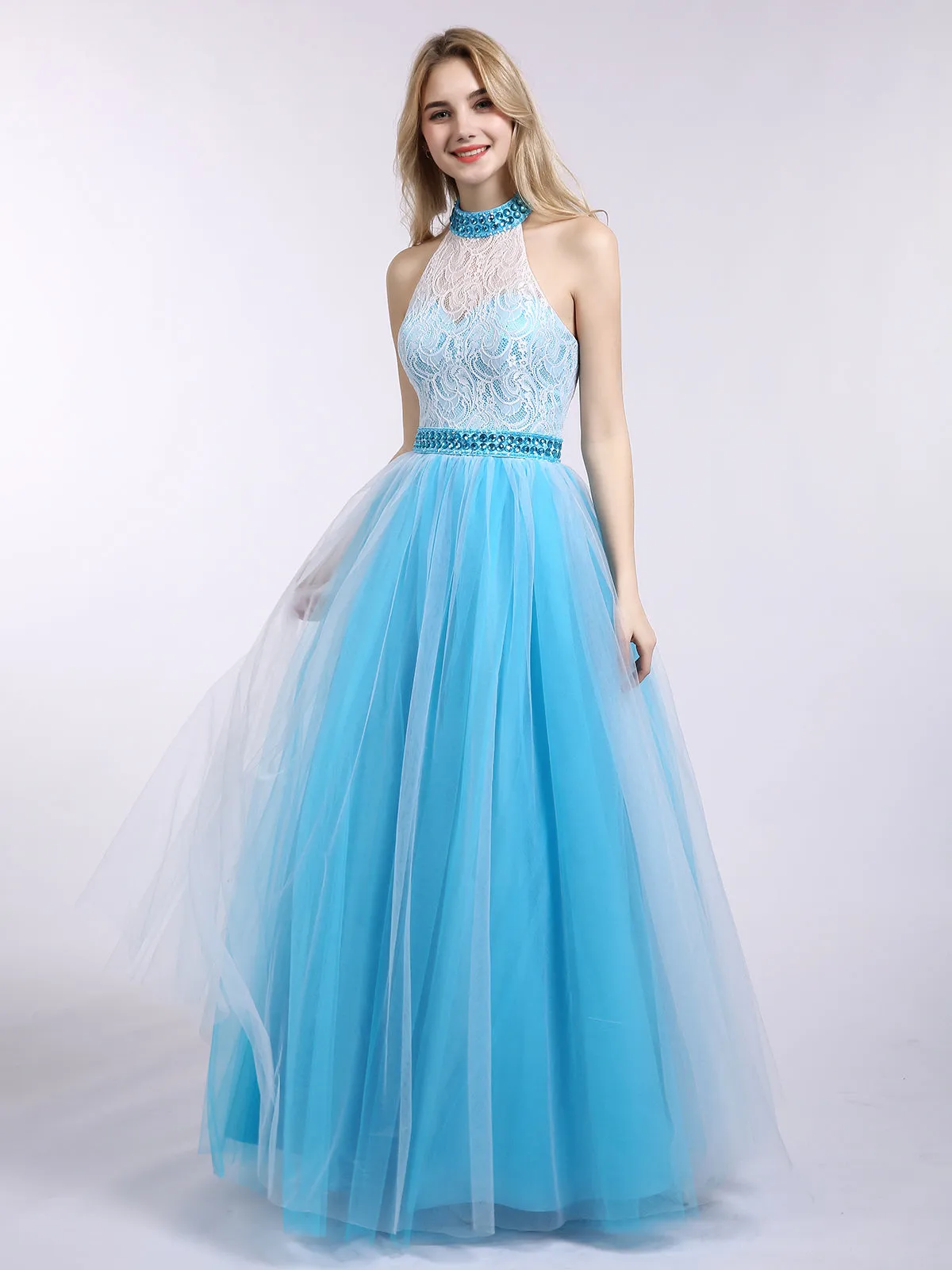 Illusion High Neck Lace and Tulle Dress-Red