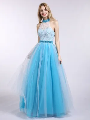 Illusion High Neck Lace and Tulle Dress-Red