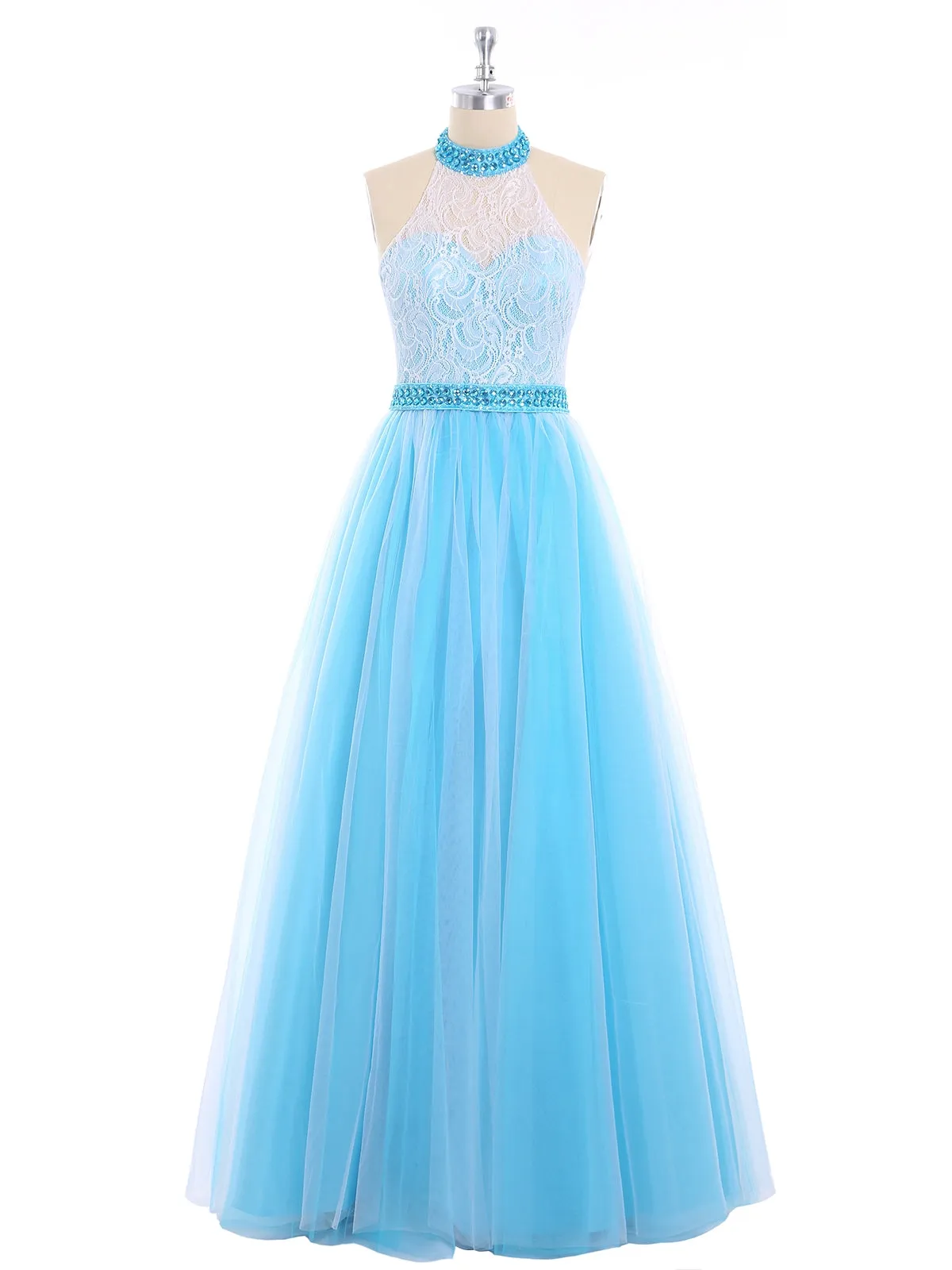 Illusion High Neck Lace and Tulle Dress-Red