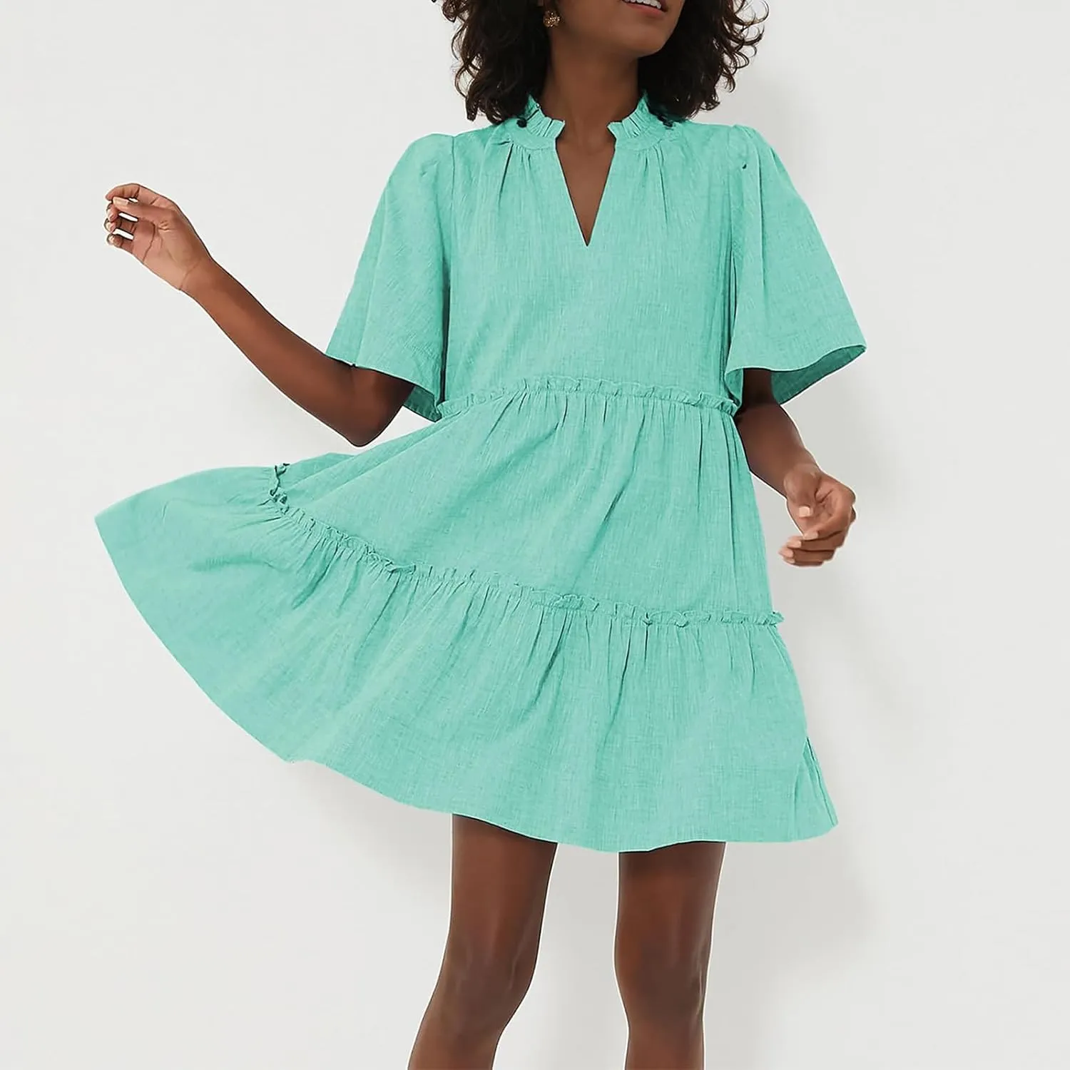 IMISSILLEB Women Summer Babydoll Dress Flutter Sleeve V Neck Tiered Short Sundress Casual Loose Flowy Collared Mini Dress