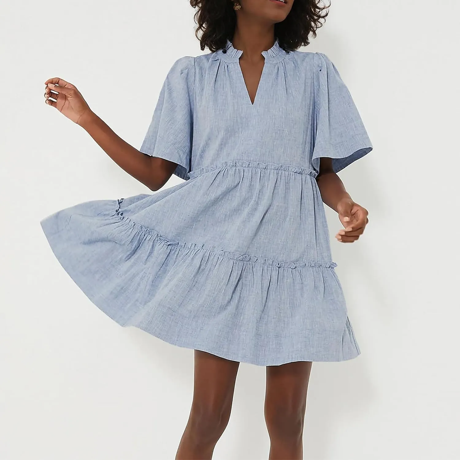 IMISSILLEB Women Summer Babydoll Dress Flutter Sleeve V Neck Tiered Short Sundress Casual Loose Flowy Collared Mini Dress
