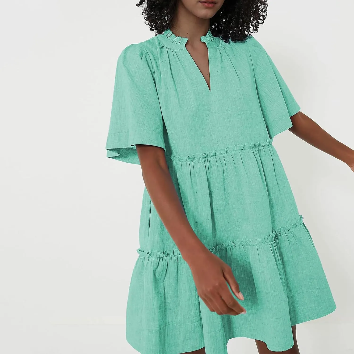 IMISSILLEB Women Summer Babydoll Dress Flutter Sleeve V Neck Tiered Short Sundress Casual Loose Flowy Collared Mini Dress