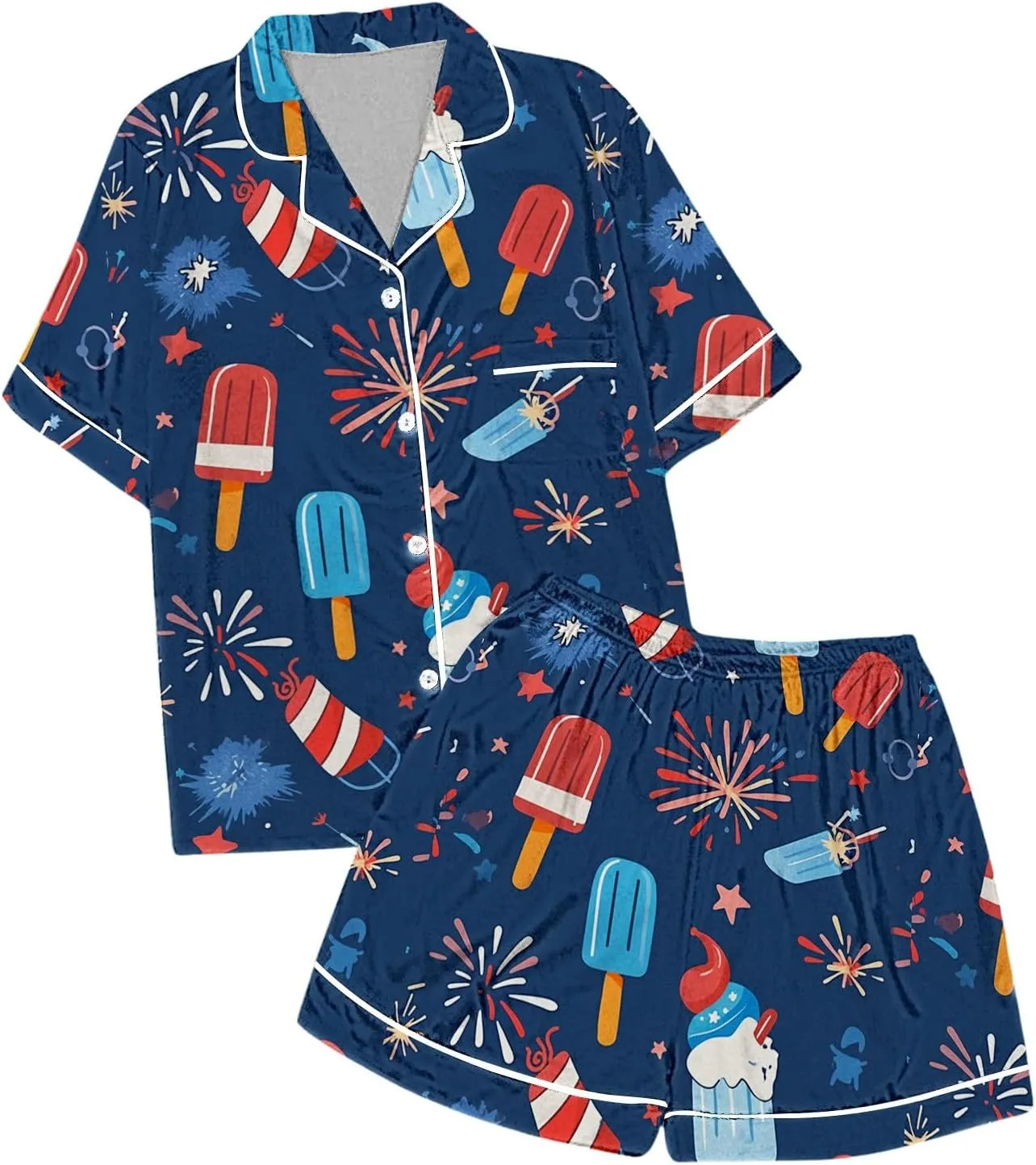 Independence Day Pajamas Set Silk Stain Pjs Patriotic Stars Stripes Print Shirt Tops Shorts 2Piece Set Nightgown