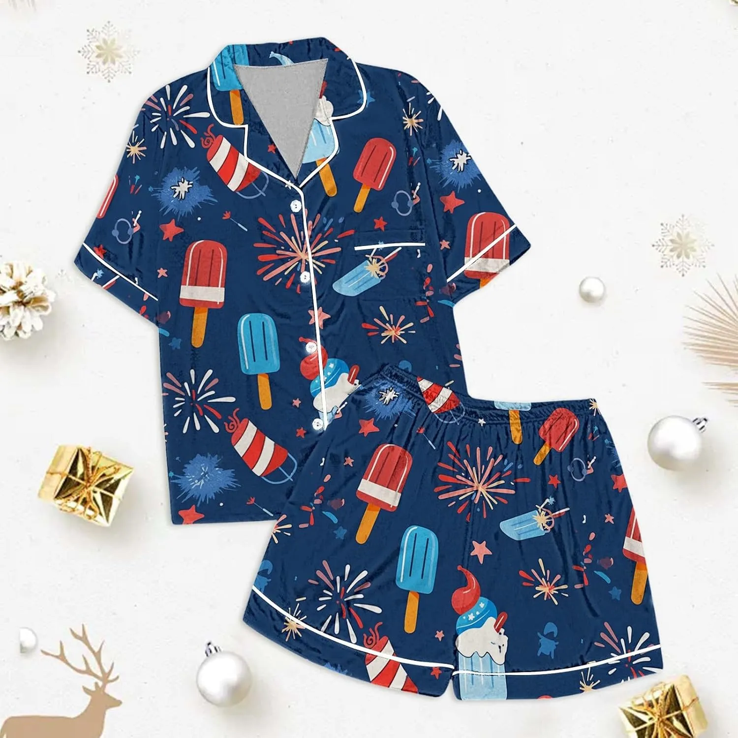 Independence Day Pajamas Set Silk Stain Pjs Patriotic Stars Stripes Print Shirt Tops Shorts 2Piece Set Nightgown