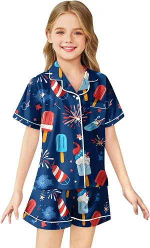 Independence Day Pajamas Set Silk Stain Pjs Patriotic Stars Stripes Print Shirt Tops Shorts 2Piece Set Nightgown