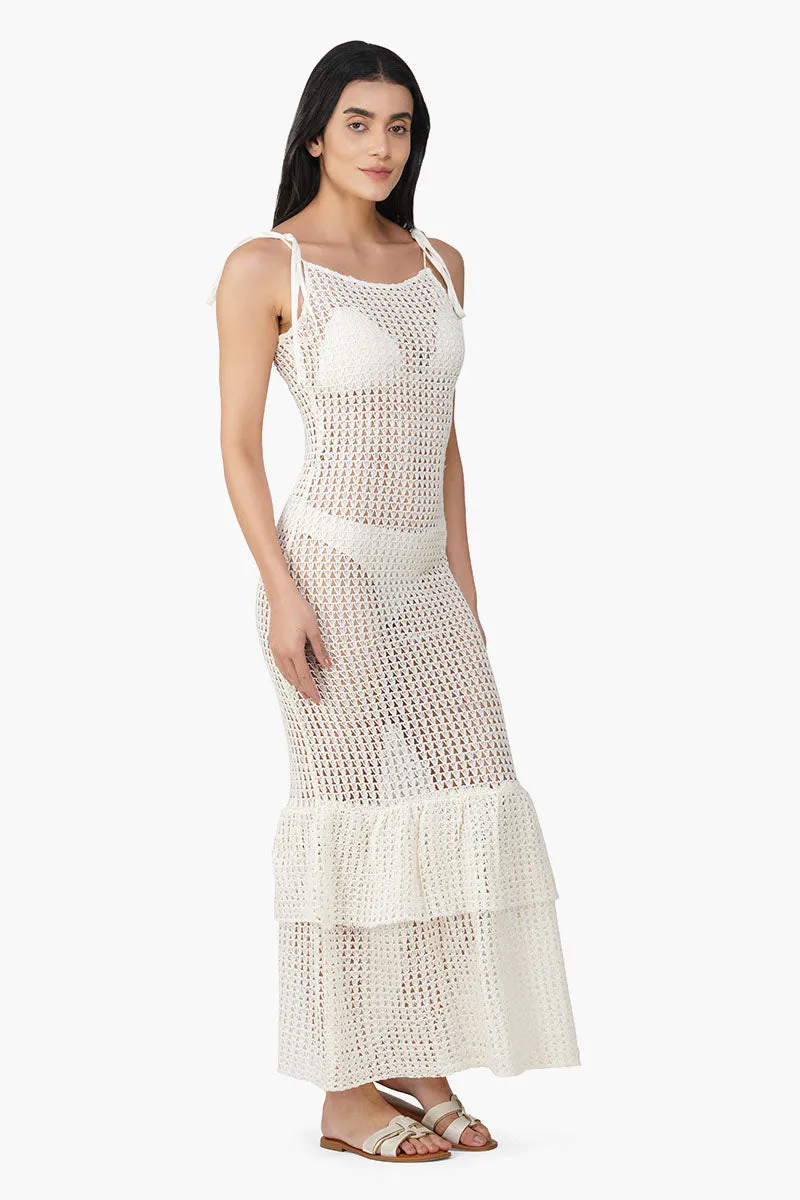 Jennifer White Crochet Lace Fabric Double Frill Cover Up