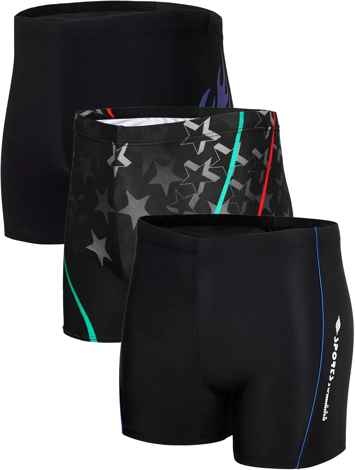 KANAV 3 Pack Men's Athletic Square Leg Swimsuit Jammers Durable Compression Swim Briefs Training Bathing Swimming Shorts
