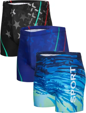 KANAV 3 Pack Men's Athletic Square Leg Swimsuit Jammers Durable Compression Swim Briefs Training Bathing Swimming Shorts