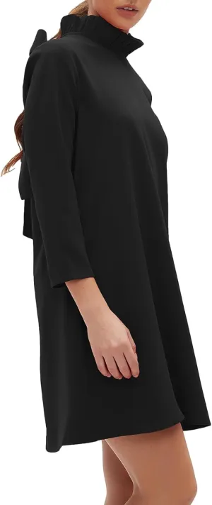 Kedera Women's Fall Bow Tie Dress Casual Mini Dress Ruffle Mock Neck Long Sleeve Dress Swing Elegant Shift Dress