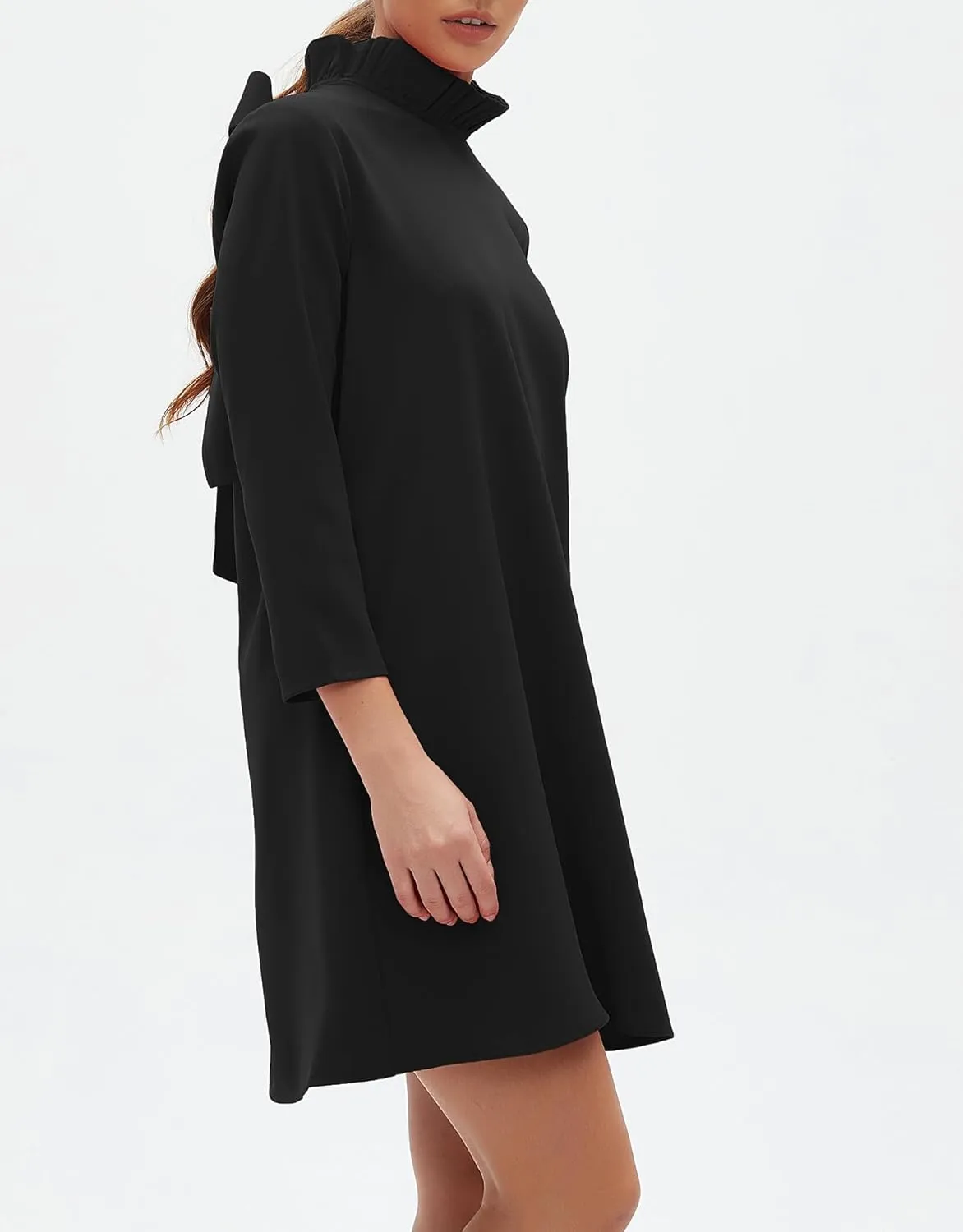 Kedera Women's Fall Bow Tie Dress Casual Mini Dress Ruffle Mock Neck Long Sleeve Dress Swing Elegant Shift Dress