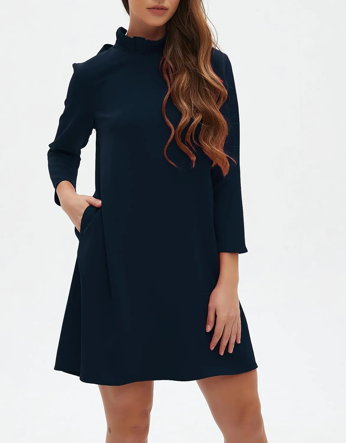 Kedera Women's Fall Bow Tie Dress Casual Mini Dress Ruffle Mock Neck Long Sleeve Dress Swing Elegant Shift Dress