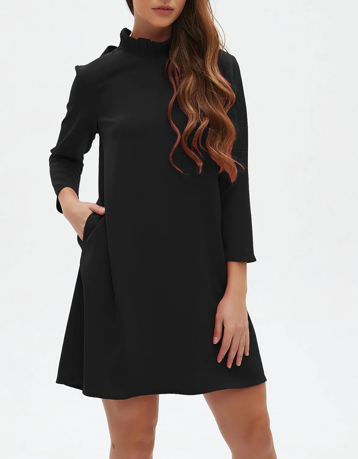 Kedera Women's Fall Bow Tie Dress Casual Mini Dress Ruffle Mock Neck Long Sleeve Dress Swing Elegant Shift Dress