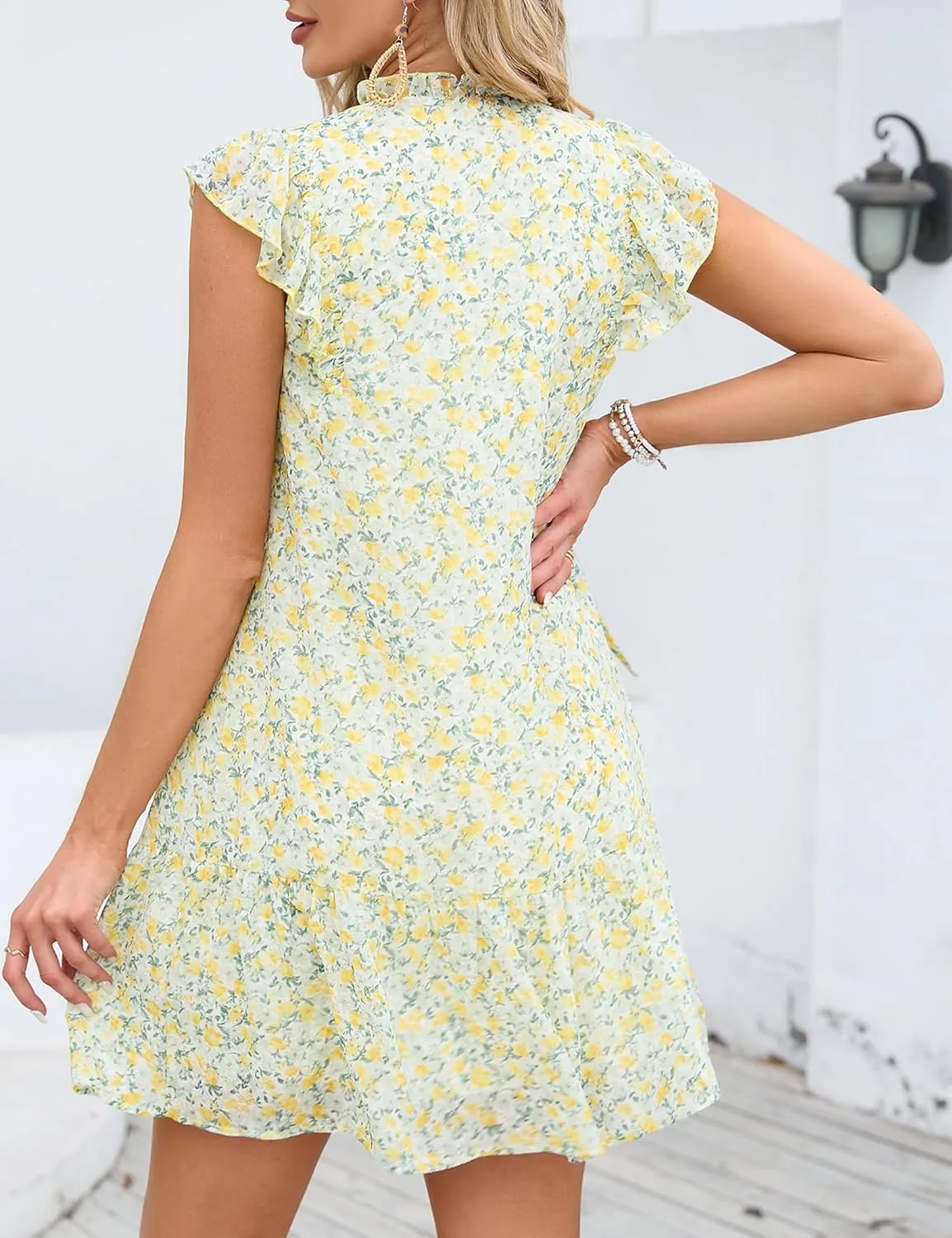 KOJOOIN Women's Babydoll Mini Dress Summer V Neck Flutter Sleeve Boho Floral Flowy Shift Short Dress