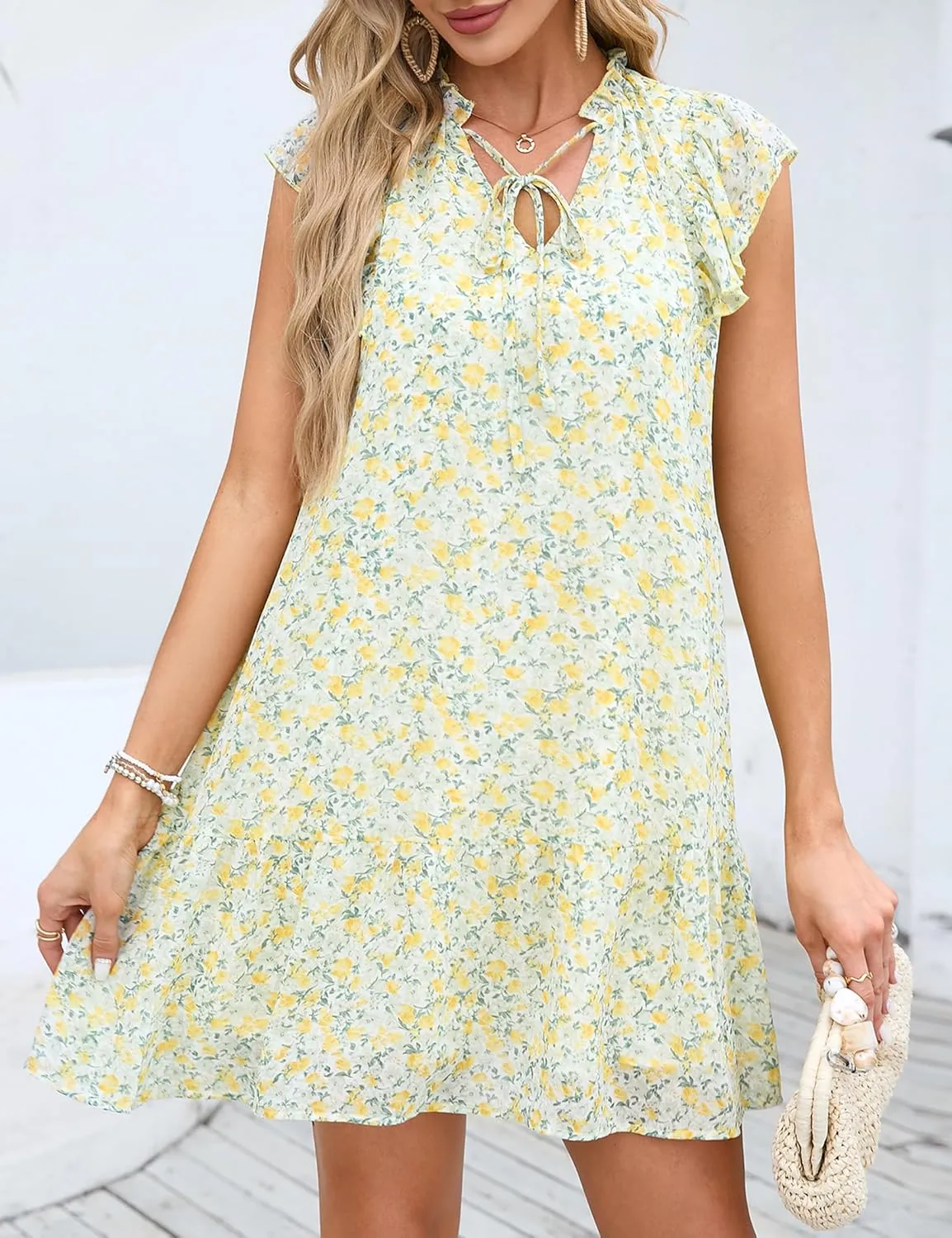 KOJOOIN Women's Babydoll Mini Dress Summer V Neck Flutter Sleeve Boho Floral Flowy Shift Short Dress