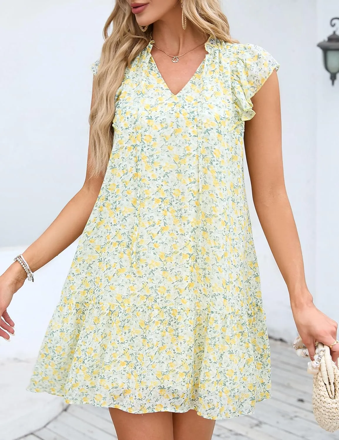 KOJOOIN Women's Babydoll Mini Dress Summer V Neck Flutter Sleeve Boho Floral Flowy Shift Short Dress