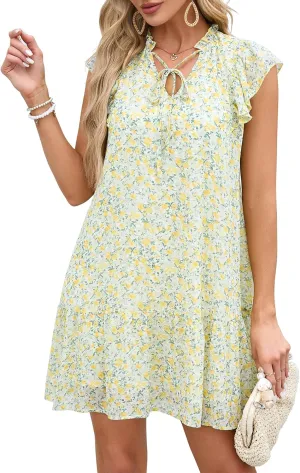 KOJOOIN Women's Babydoll Mini Dress Summer V Neck Flutter Sleeve Boho Floral Flowy Shift Short Dress