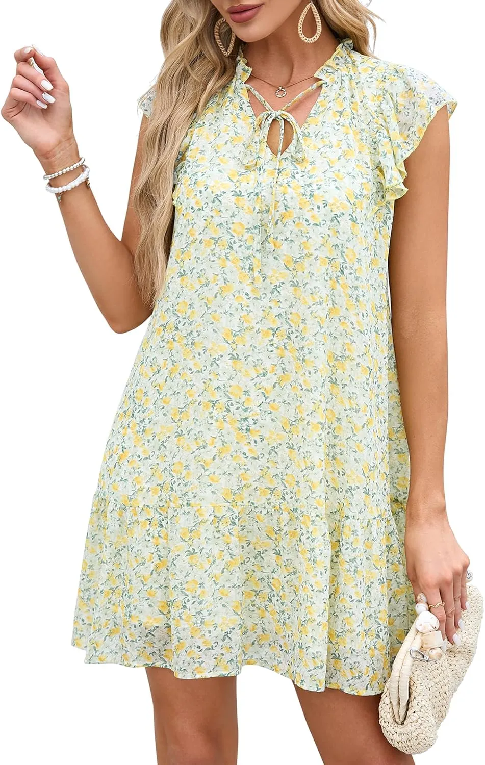 KOJOOIN Women's Babydoll Mini Dress Summer V Neck Flutter Sleeve Boho Floral Flowy Shift Short Dress