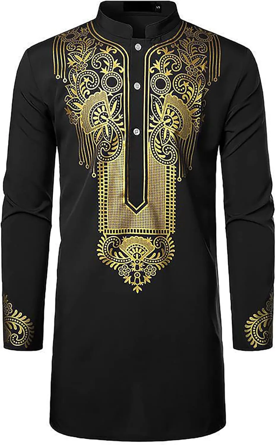 Kurta for Men Muslim Kaftan Button Up Henley Shirts Casual Ethnic Printed Long Sleeve Thobe Caftans Robes