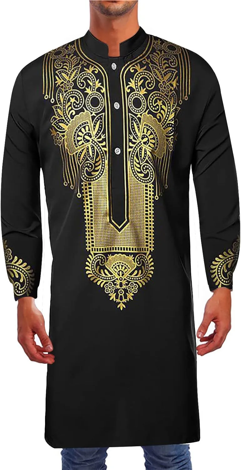 Kurta for Men Muslim Kaftan Button Up Henley Shirts Casual Ethnic Printed Long Sleeve Thobe Caftans Robes