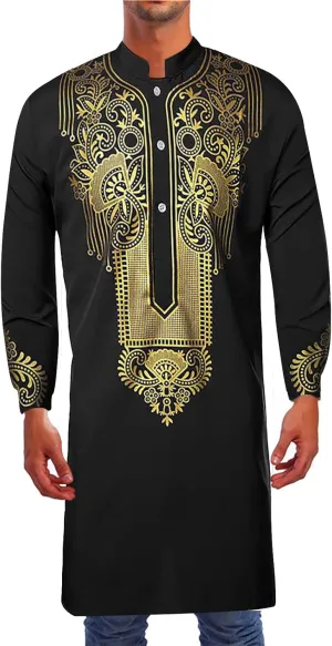 Kurta for Men Muslim Kaftan Button Up Henley Shirts Casual Ethnic Printed Long Sleeve Thobe Caftans Robes