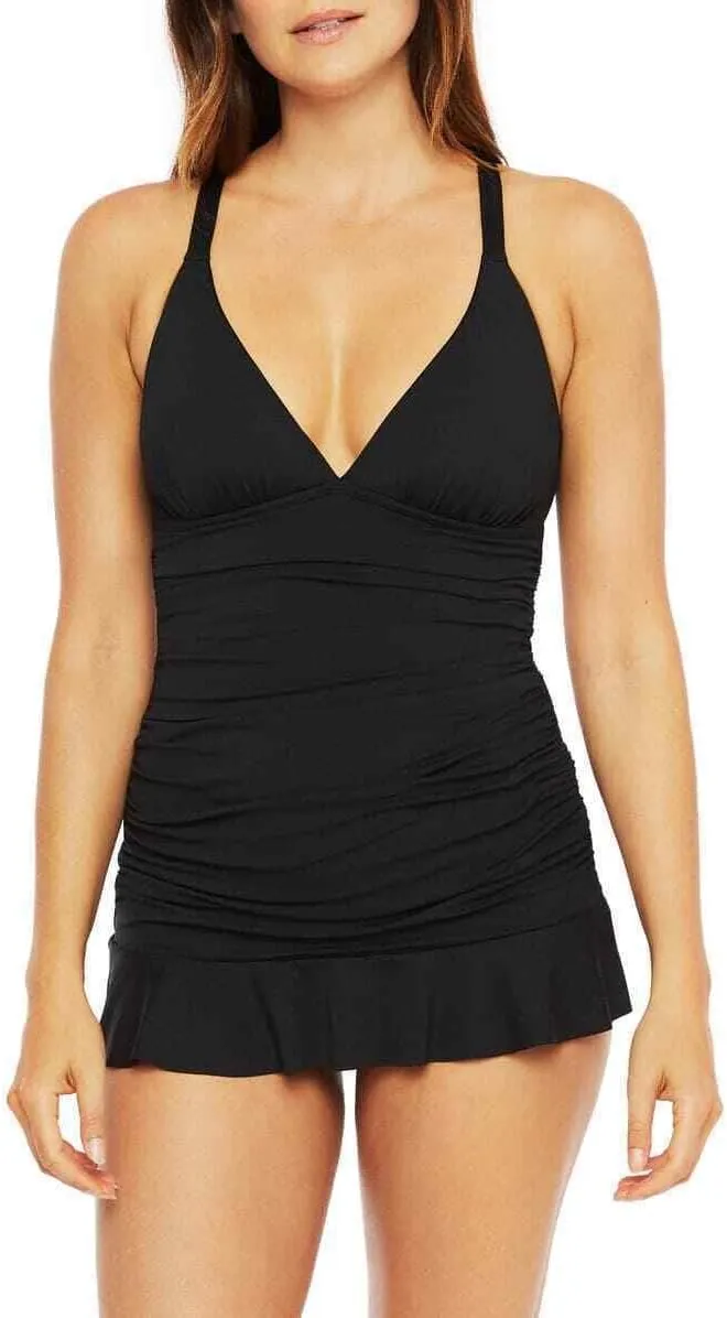 La Blanca Women's Standard Island Goddess Halter Skirted Lace Back One Piece Swimsuit