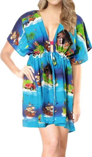 LA LEELA Bikni Swimwear Digital HD Print Tunic Vintage Cover Up Blue_A333
