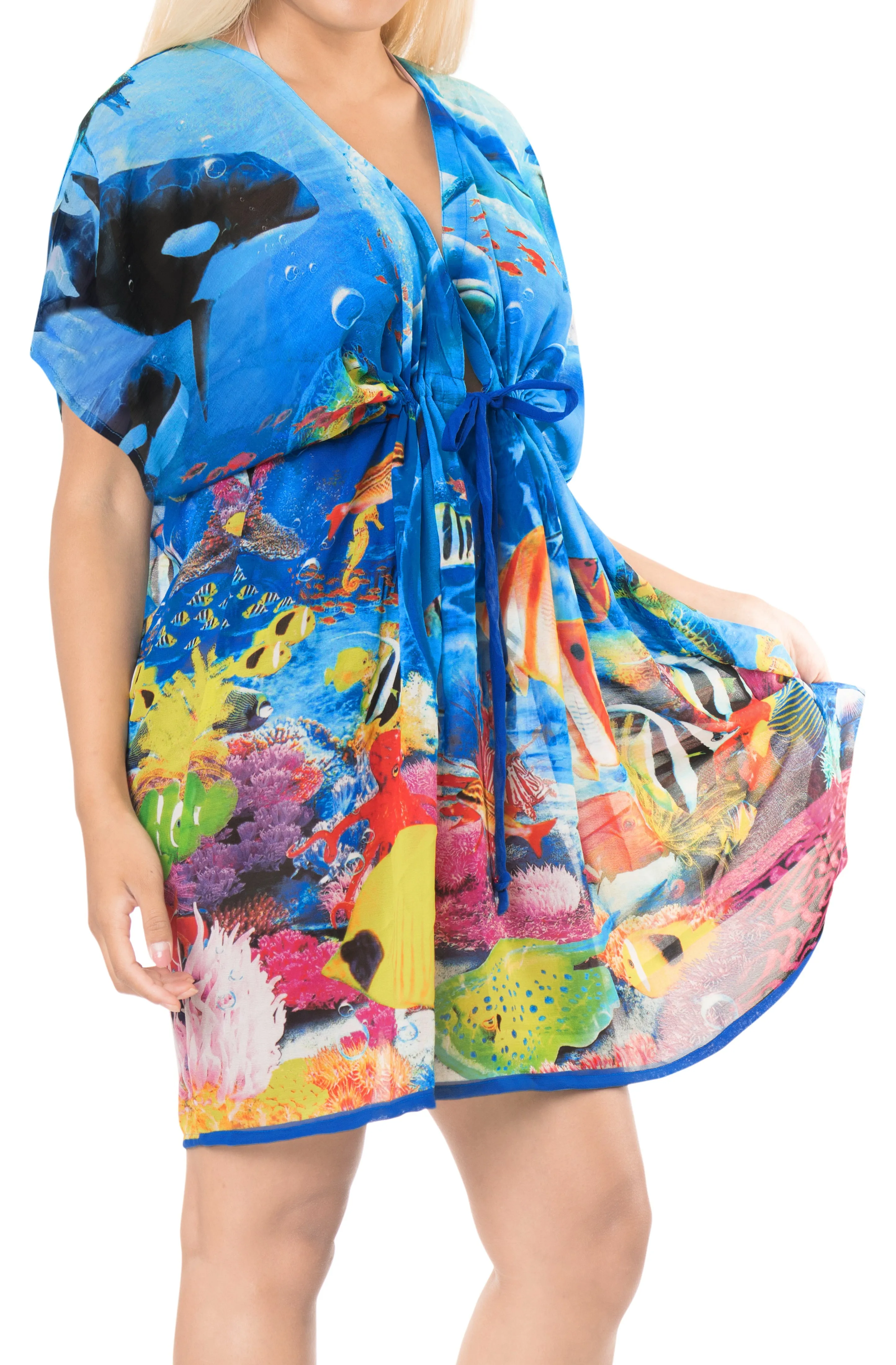LA LEELA Bikni Swimwear Digital HD Print Tunic Vintage Cover Up Blue_B100