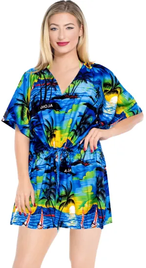 LA LEELA Bikni Swimwear Soft fabric Printed Beachwear Loose Cover Up OSFM 16-28W [XL- 4X] Blue_J96