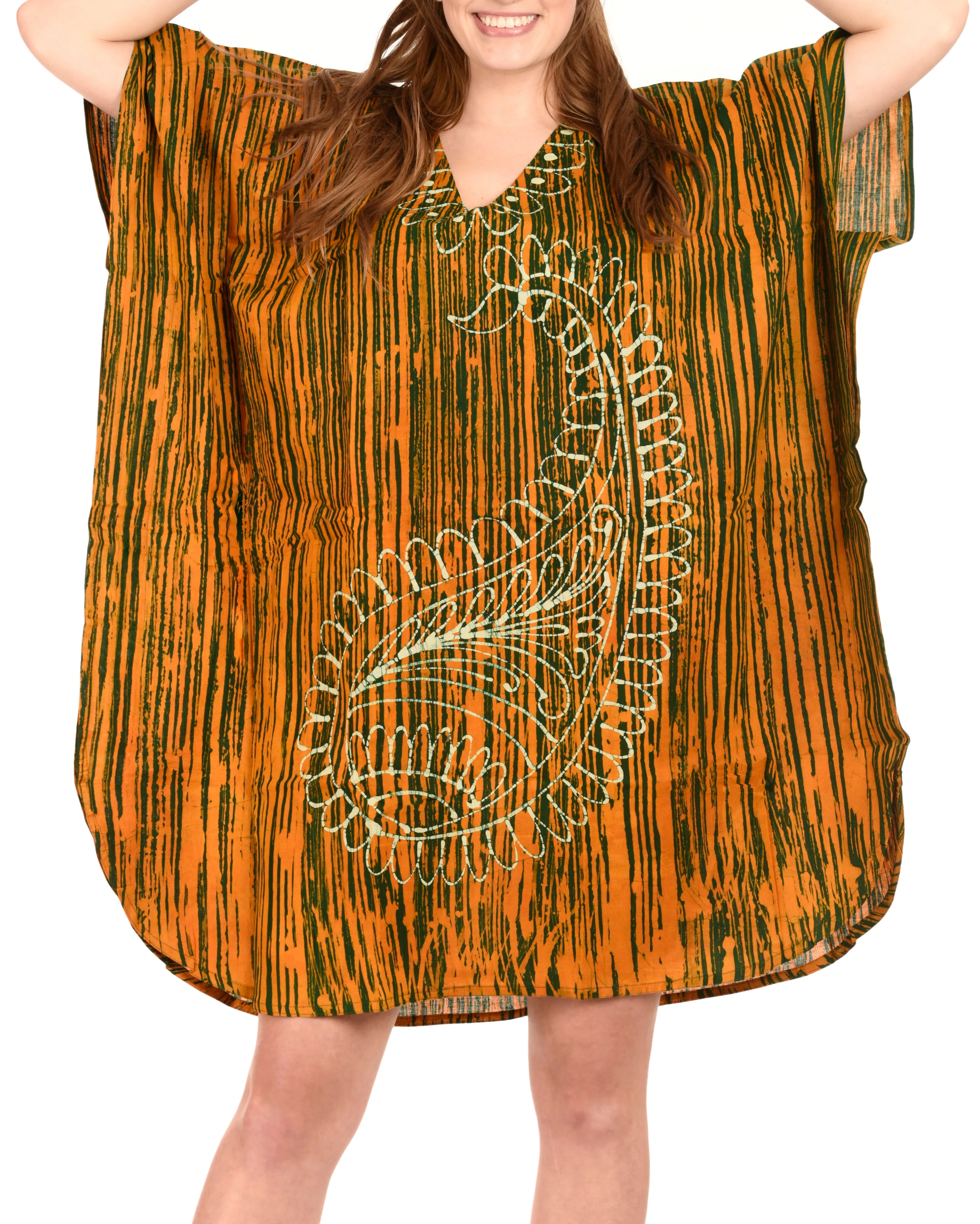 LA LEELA Cotton Batik Short Caftan Vacation Top OSFM 14-18W [L- 2X] Green_I131