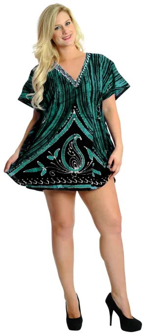 LA LEELA Cotton Batik Short Caftan Vacation Top OSFM 14-18W [L- 2X] Halloween Black_S167