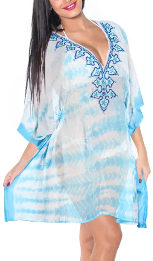 LA LEELA Cotton Tie_Dye Short Caftan Vacation Dress Ghost White_A267